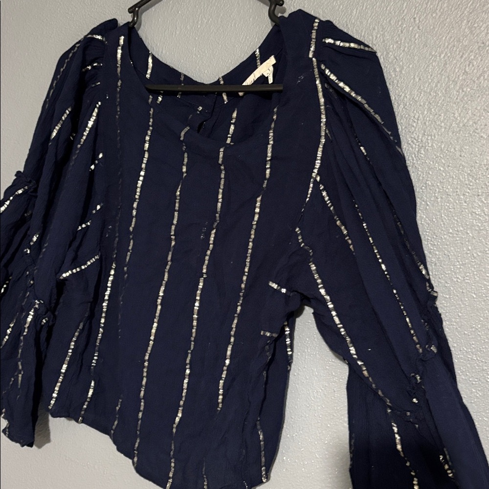 Anthropologie Navy Blouse with Silver Sequin Stripes - Picture 4 of 7